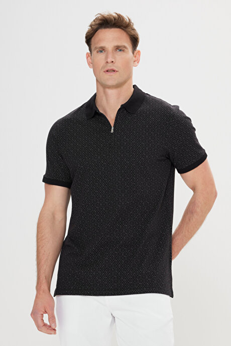 Slim Fit Dar Kesim %100 Pamuk Baskılı Polo Yaka Siyah Tişört resmi
