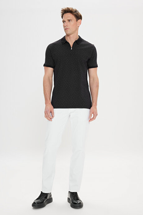 Slim Fit Dar Kesim %100 Pamuk Baskılı Polo Yaka Siyah Tişört resmi