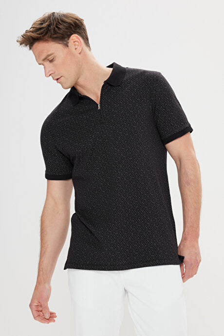 Slim Fit Dar Kesim %100 Pamuk Baskılı Polo Yaka Siyah Tişört resmi