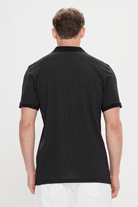 Slim Fit Dar Kesim %100 Pamuk Baskılı Polo Yaka Siyah Tişört resmi