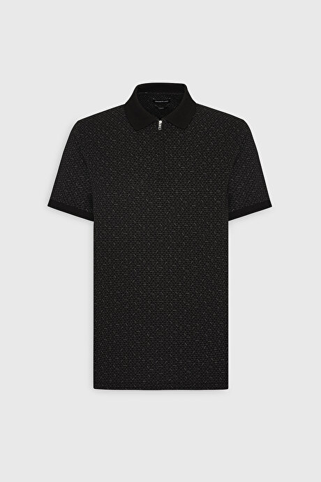 Slim Fit Dar Kesim %100 Pamuk Baskılı Polo Yaka Siyah Tişört resmi