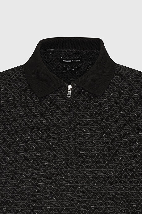 Slim Fit Dar Kesim %100 Pamuk Baskılı Polo Yaka Siyah Tişört resmi