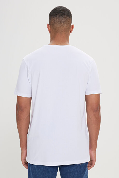 Slim Fit Dar Kesim Pamuklu Tasarım Baskılı Yumuşak Dokulu Bisiklet Yaka Beyaz Tişört resmi