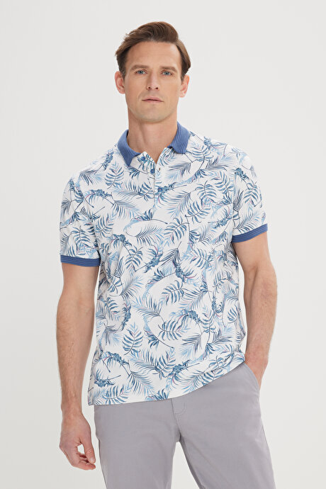 Slim Fit Dar Kesim %100 Pamuk Baskılı Polo Yaka Beyaz-İndigo Tişört resmi