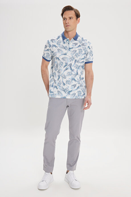 Slim Fit Dar Kesim %100 Pamuk Baskılı Polo Yaka Beyaz-İndigo Tişört resmi