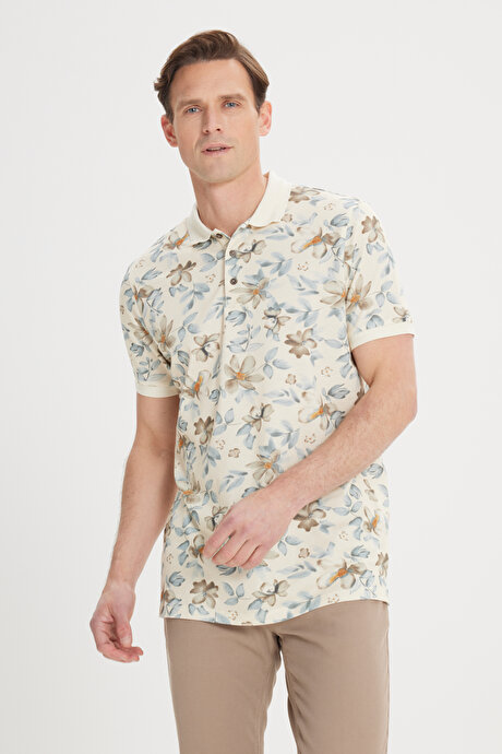 Slim Fit Dar Kesim %100 Pamuk Baskılı Polo Yaka Bej-Vizon Tişört resmi