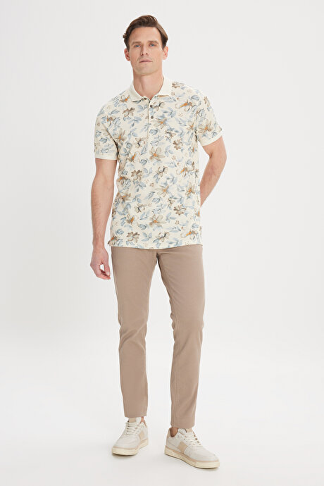 Slim Fit Dar Kesim %100 Pamuk Baskılı Polo Yaka Bej-Vizon Tişört resmi
