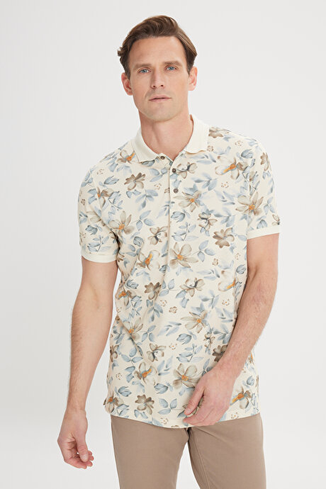 Slim Fit Dar Kesim %100 Pamuk Baskılı Polo Yaka Bej-Vizon Tişört resmi