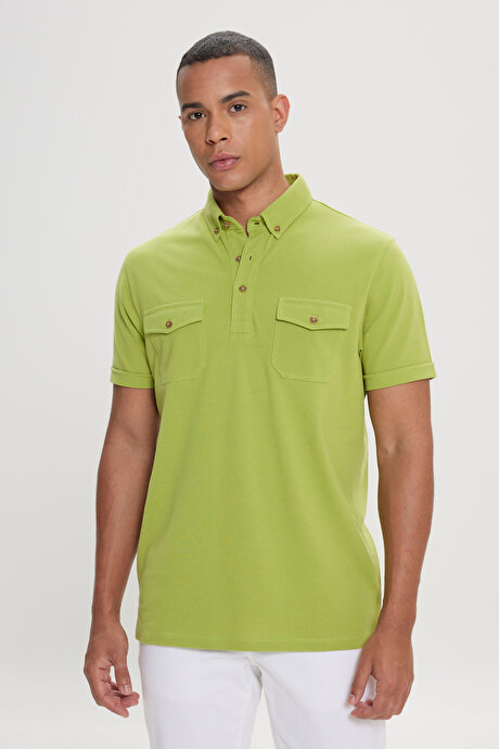 Slim Fit Dar Kesim %100 Pamuk Polo Yaka Fıstık Yeşil Tişört resmi