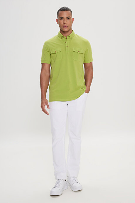 Slim Fit Dar Kesim %100 Pamuk Polo Yaka Fıstık Yeşil Tişört resmi
