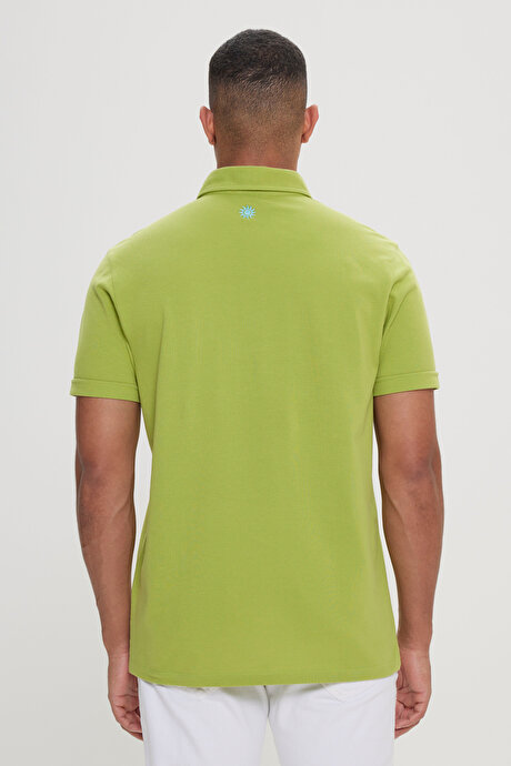 Slim Fit Dar Kesim %100 Pamuk Polo Yaka Fıstık Yeşil Tişört resmi