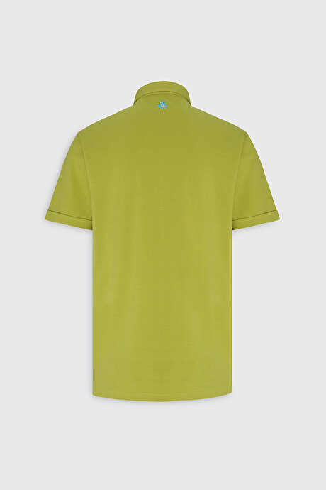 Slim Fit Dar Kesim %100 Pamuk Polo Yaka Fıstık Yeşil Tişört resmi