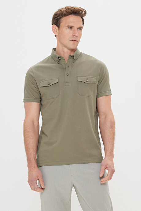 Slim Fit Dar Kesim %100 Pamuk Polo Yaka Haki Tişört resmi