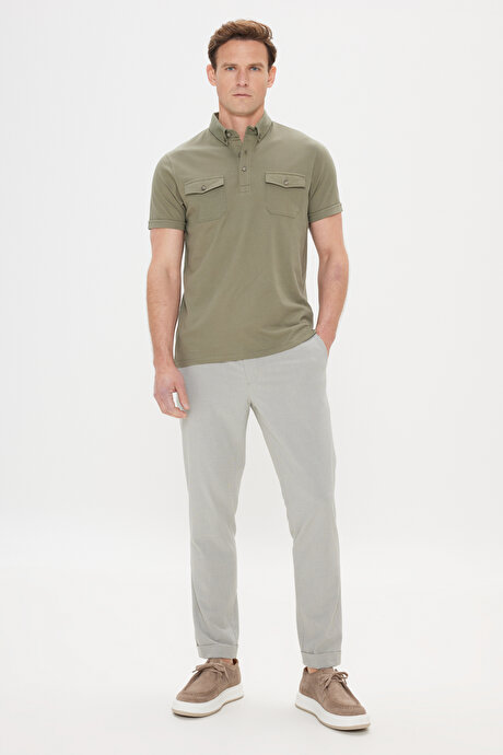 Slim Fit Dar Kesim %100 Pamuk Polo Yaka Haki Tişört resmi