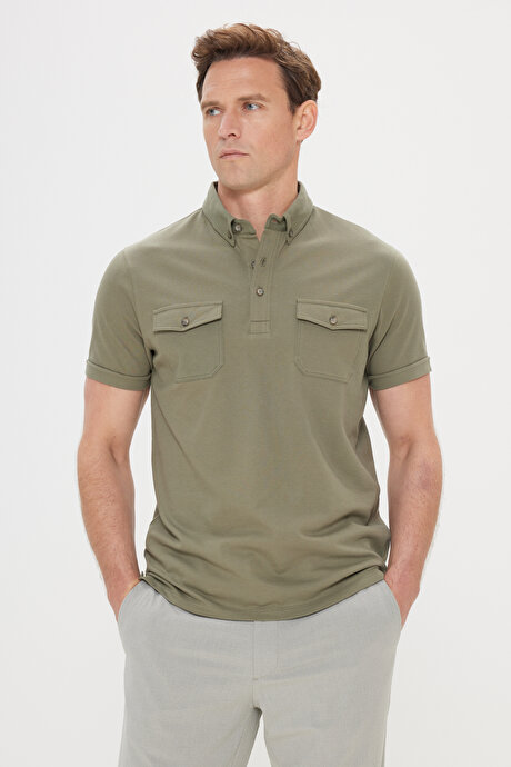 Slim Fit Dar Kesim %100 Pamuk Polo Yaka Haki Tişört resmi
