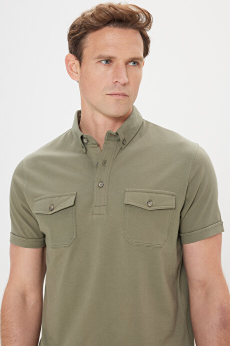 Slim Fit Dar Kesim %100 Pamuk Polo Yaka Haki Tişört resmi