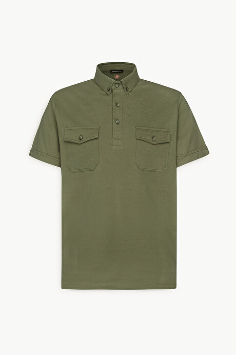 Slim Fit Dar Kesim %100 Pamuk Polo Yaka Haki Tişört resmi