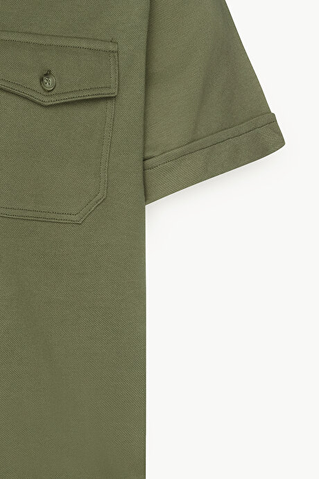 Slim Fit Dar Kesim %100 Pamuk Polo Yaka Haki Tişört resmi