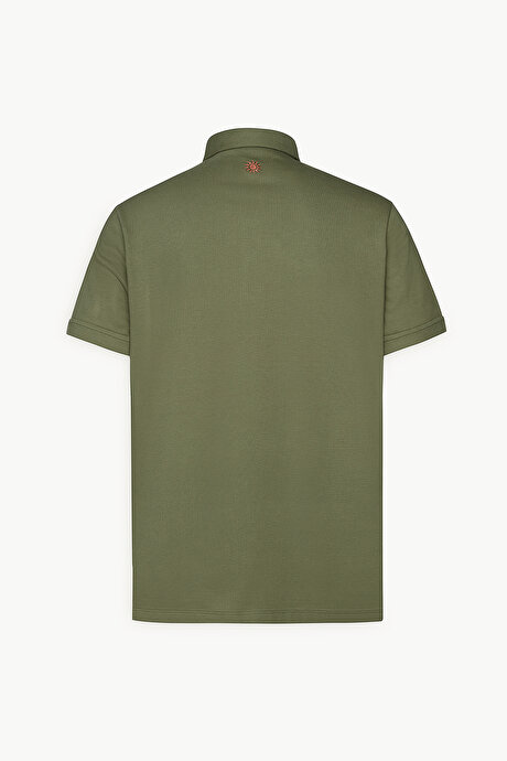 Slim Fit Dar Kesim %100 Pamuk Polo Yaka Haki Tişört resmi
