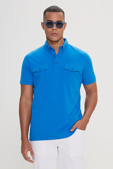 Slim Fit Dar Kesim %100 Pamuk Polo Yaka Saks Tişört resmi