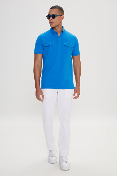 Slim Fit Dar Kesim %100 Pamuk Polo Yaka Saks Tişört resmi