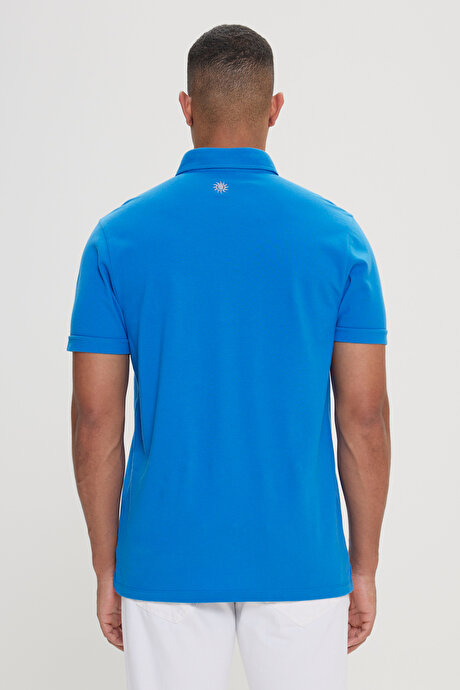 Slim Fit Dar Kesim %100 Pamuk Polo Yaka Saks Tişört resmi