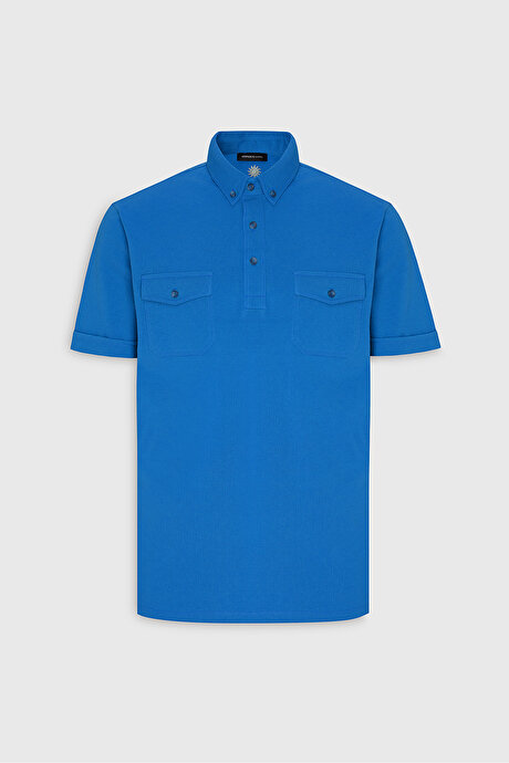 Slim Fit Dar Kesim %100 Pamuk Polo Yaka Saks Tişört resmi