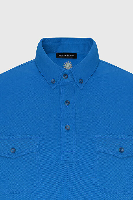 Slim Fit Dar Kesim %100 Pamuk Polo Yaka Saks Tişört resmi