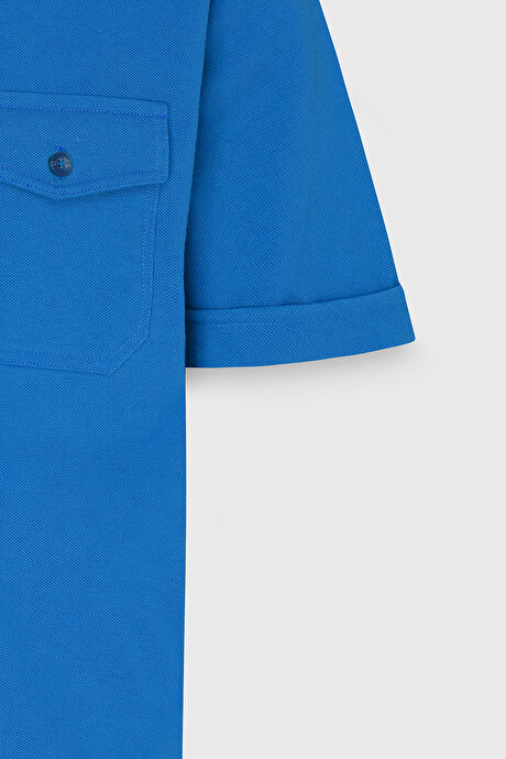 Slim Fit Dar Kesim %100 Pamuk Polo Yaka Saks Tişört resmi