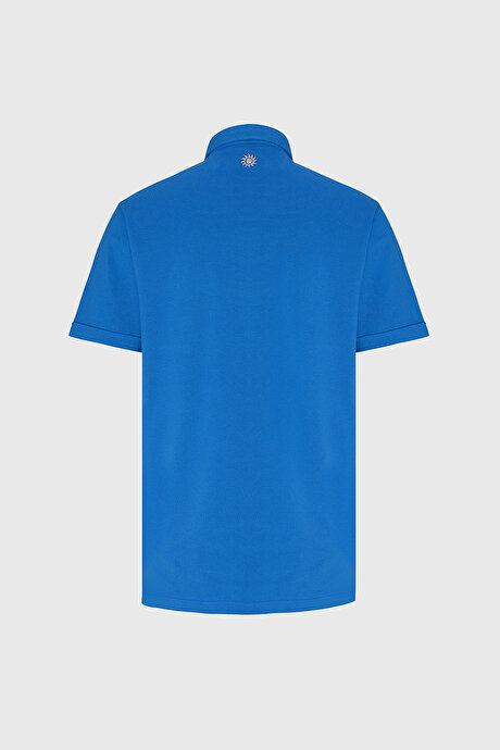 Slim Fit Dar Kesim %100 Pamuk Polo Yaka Saks Tişört resmi