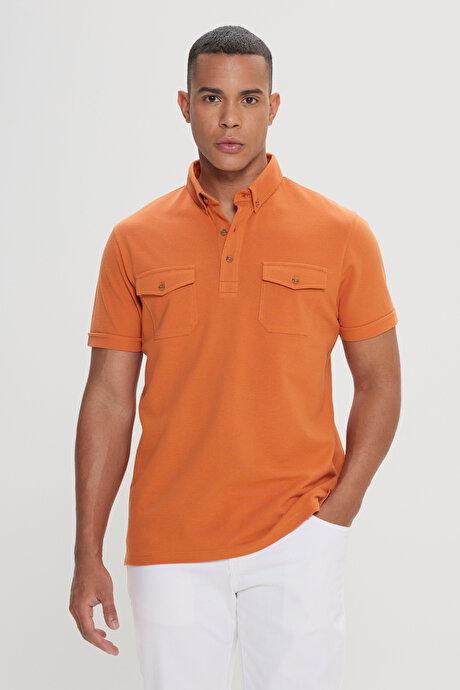 Slim Fit Dar Kesim %100 Pamuk Polo Yaka Turuncu Tişört resmi