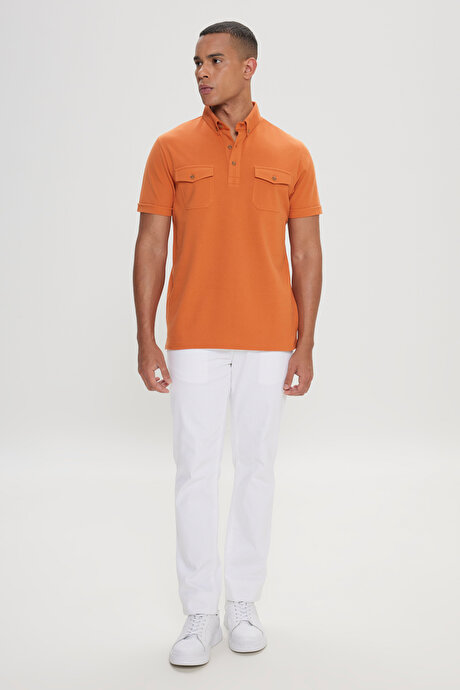 Slim Fit Dar Kesim %100 Pamuk Polo Yaka Turuncu Tişört resmi