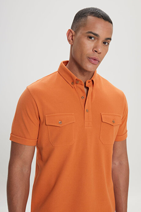 Slim Fit Dar Kesim %100 Pamuk Polo Yaka Turuncu Tişört resmi