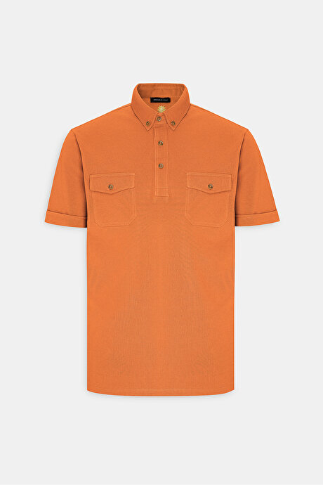 Slim Fit Dar Kesim %100 Pamuk Polo Yaka Turuncu Tişört resmi
