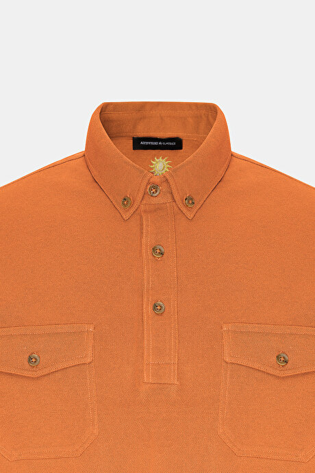 Slim Fit Dar Kesim %100 Pamuk Polo Yaka Turuncu Tişört resmi