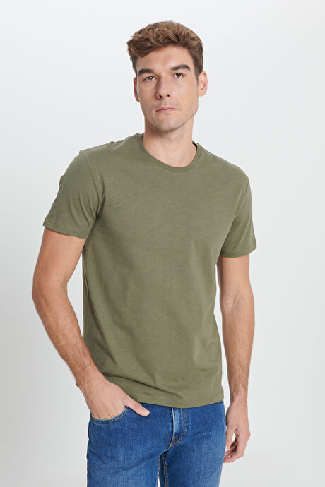 Slim Fit Dar Kesim %100 Pamuk Bisiklet Yaka Haki Tişört resmi