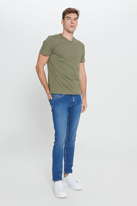 Slim Fit Dar Kesim %100 Pamuk Bisiklet Yaka Haki Tişört resmi