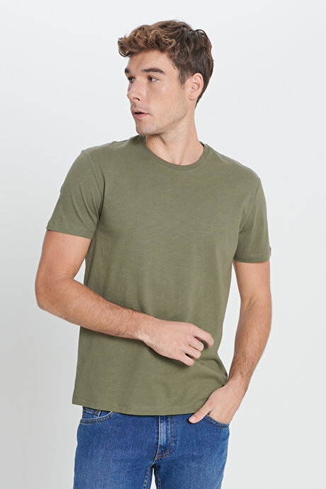 Slim Fit Dar Kesim %100 Pamuk Bisiklet Yaka Haki Tişört resmi