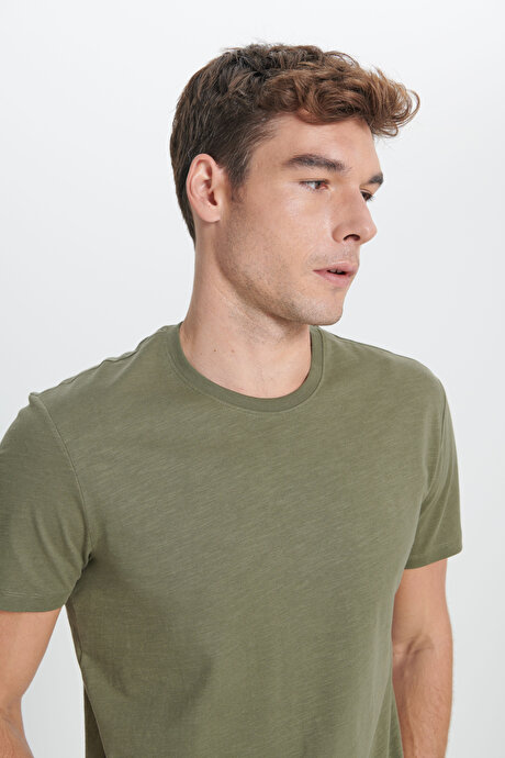 Slim Fit Dar Kesim %100 Pamuk Bisiklet Yaka Haki Tişört resmi