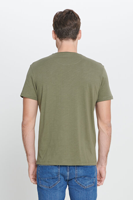 Slim Fit Dar Kesim %100 Pamuk Bisiklet Yaka Haki Tişört resmi