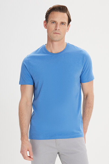 Slim Fit Dar Kesim %100 Pamuk Bisiklet Yaka İndigo Tişört resmi