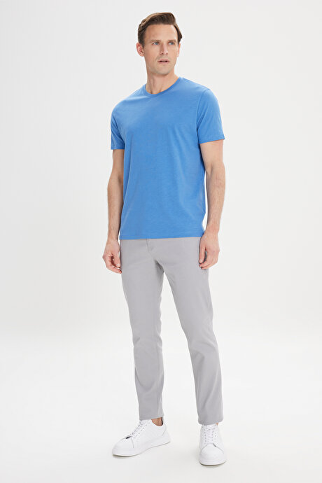 Slim Fit Dar Kesim %100 Pamuk Bisiklet Yaka İndigo Tişört resmi
