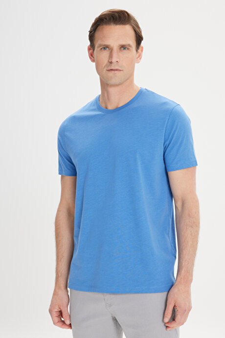 Slim Fit Dar Kesim %100 Pamuk Bisiklet Yaka İndigo Tişört resmi