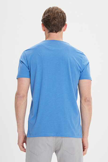 Slim Fit Dar Kesim %100 Pamuk Bisiklet Yaka İndigo Tişört resmi
