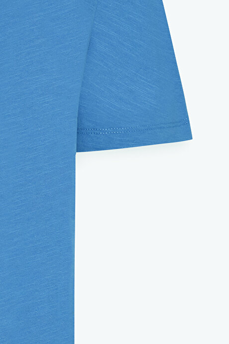 Slim Fit Dar Kesim %100 Pamuk Bisiklet Yaka İndigo Tişört resmi