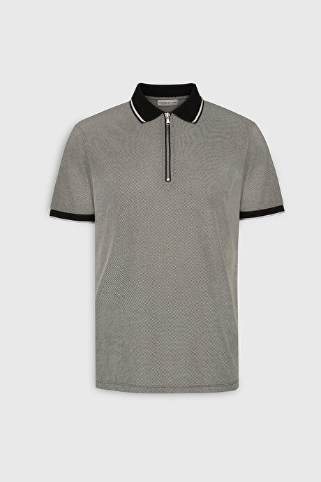 Slim Fit Dar Kesim Pamuklu Desenli Polo Yaka Siyah-Beyaz Tişört resmi