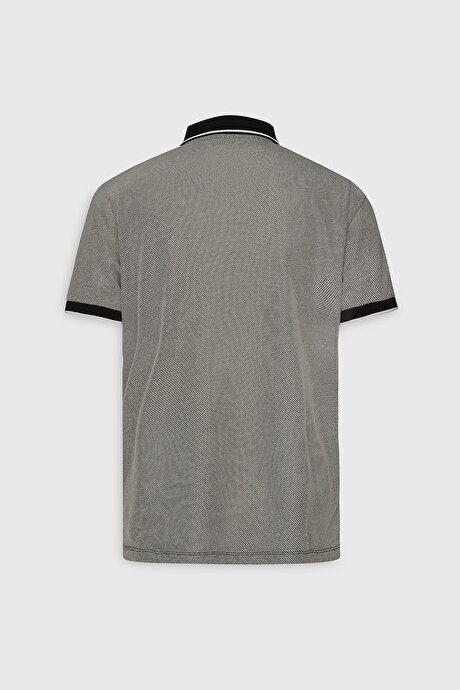 Slim Fit Dar Kesim Pamuklu Desenli Polo Yaka Siyah-Beyaz Tişört resmi