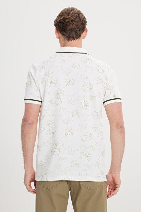 Slim Fit Dar Kesim %100 Pamuk Çiçek Baskılı Polo Yaka Beyaz-Haki Tişört resmi