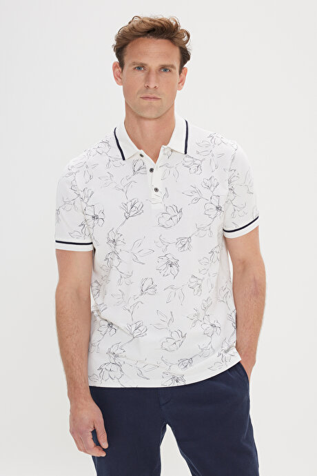 Slim Fit Dar Kesim %100 Pamuk Çiçek Baskılı Polo Yaka Beyaz-Lacivert Tişört resmi