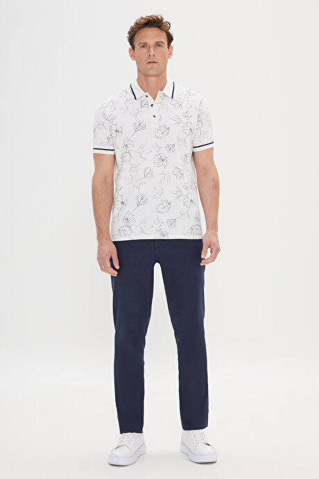 Slim Fit Dar Kesim %100 Pamuk Çiçek Baskılı Polo Yaka Beyaz-Lacivert Tişört resmi
